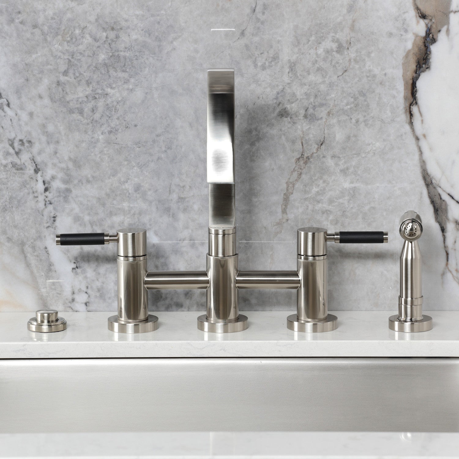 Kingston Sona KS8268DKLBS - Kaiser Two-Handle 4-Hole Deck Mount Bridge Kitchen Faucet with Brass Sprayer, Brushed Nickel — thumbnail 3